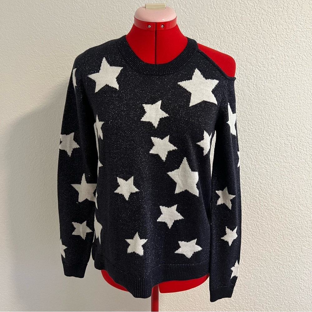 Ohmg Black Sparkly Sweater with Stars Long Sleeve Cold Shoulder Size Medium